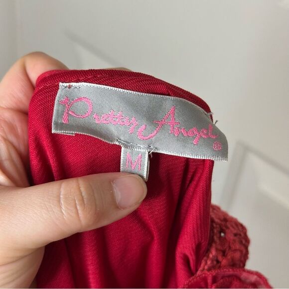 Pretty Angel Red Rosette Appliqué Floral Lace Linen Blend Tunic Mini Dress Sz M - Picture 9 of 11